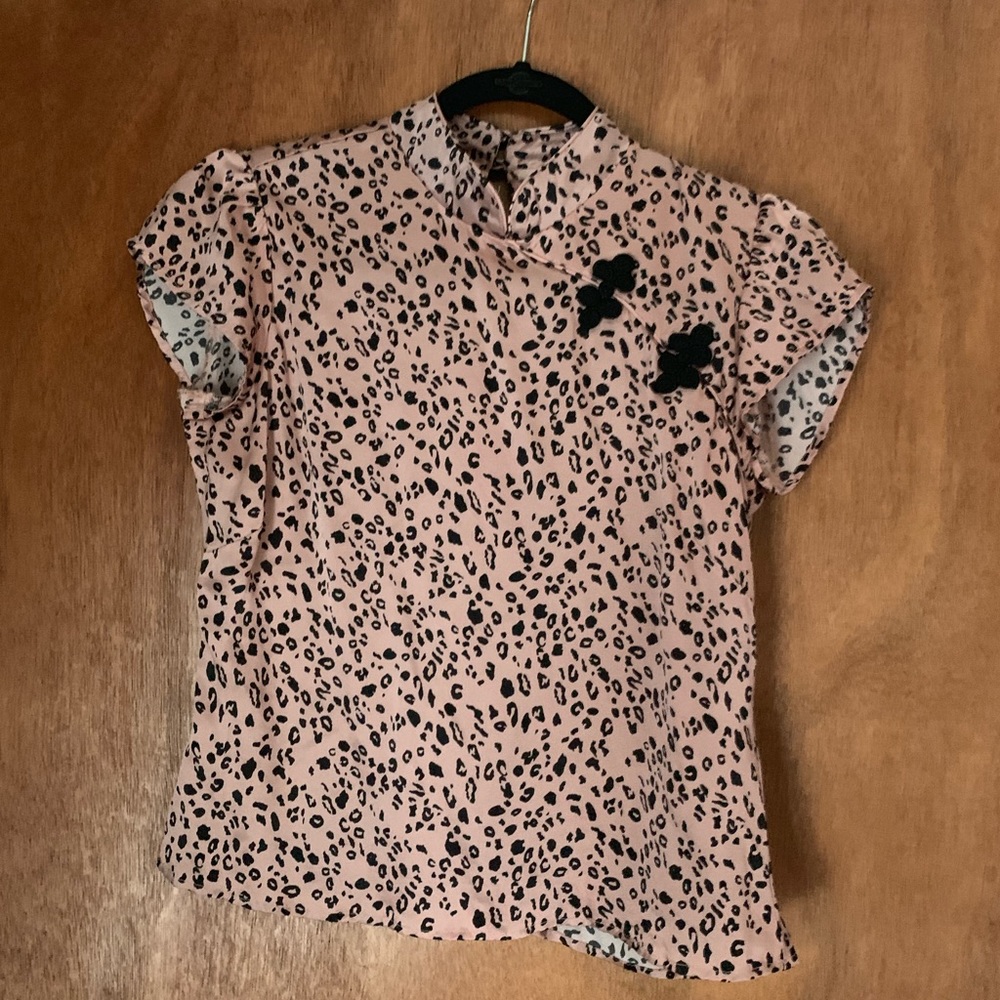 Reformation Pink Leopard Print Short Sleeve Blouse with Black Floral Accents